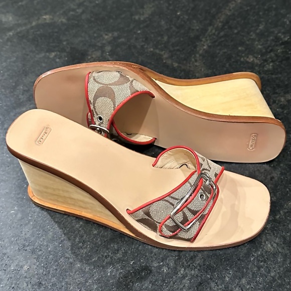 Coach Shoes - *rare* COACH Honey Wood Platform Wedge Logo Signature Tan/Red Size 7.5